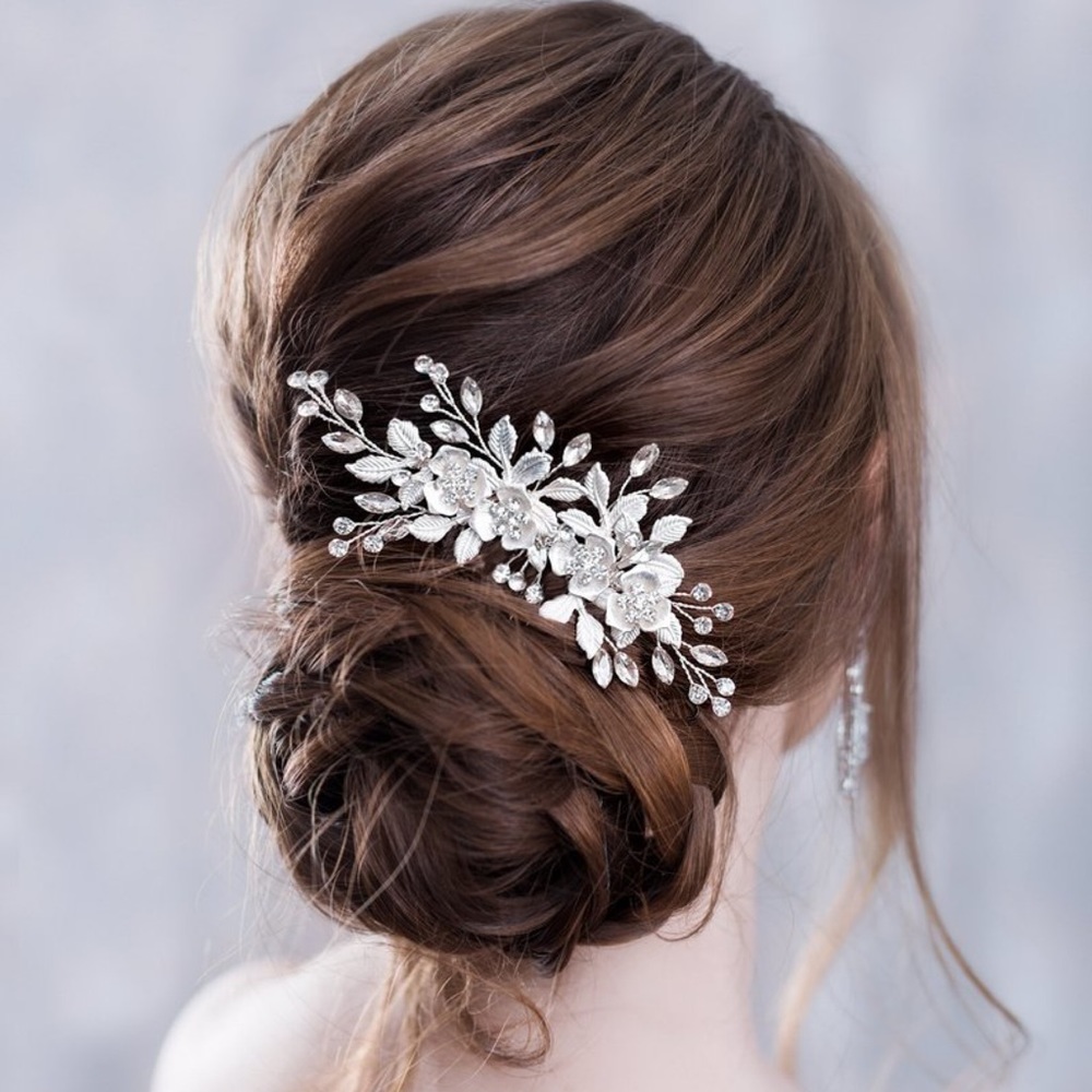 Silver Flower Leaf Crystal Bridal Hair Comb